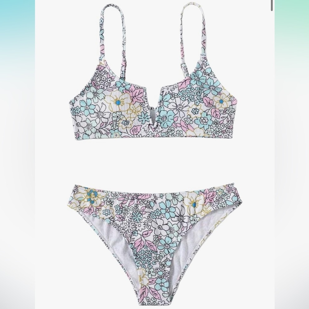🆕 Amazon Soly Hux ribbed fabric v detail ditsy floral bikini set